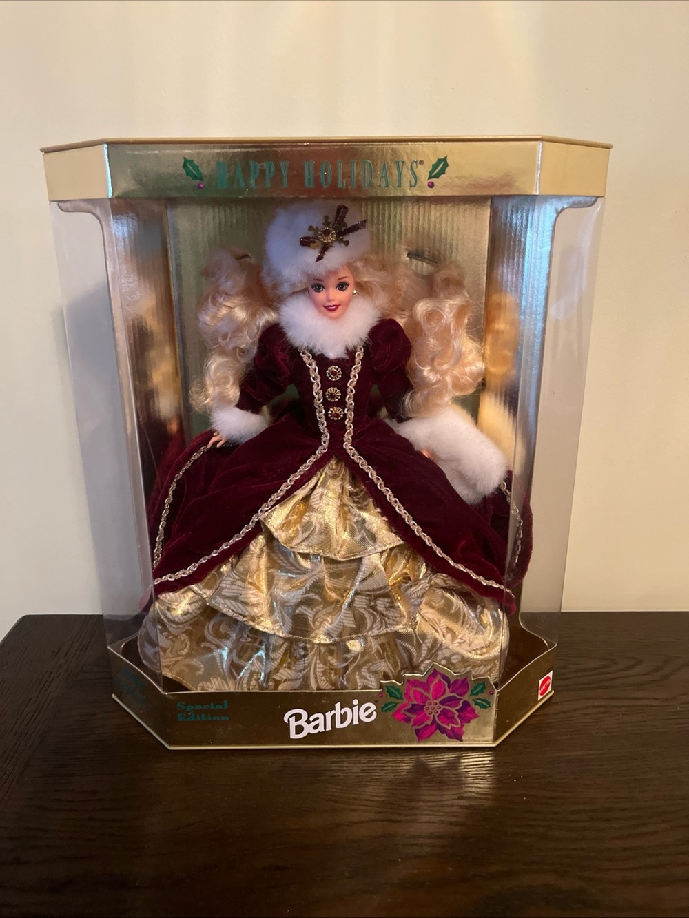Vintage 1996 NIB Barbie Happy Holidays Special Edition- in red velvet,gold & fur